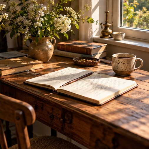 A writing journal and coffee on a warm wooden desk.