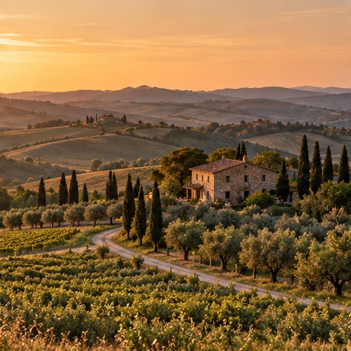 Golden light over a quiet Tuscan countryside landscape.